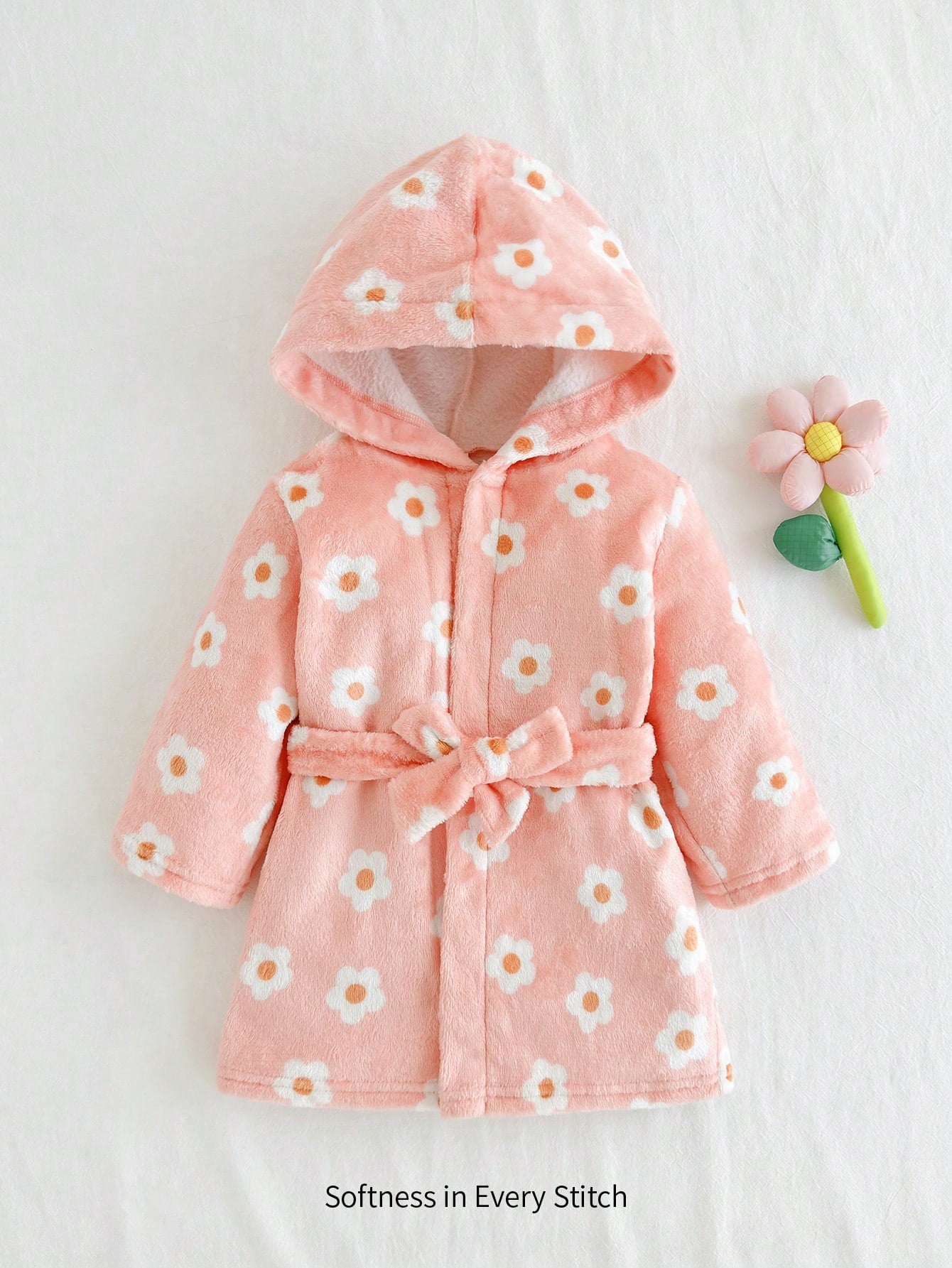 Roupão de Quimono Aberto na Frente com Capuz, Cinto e Estampa Floral Miúda para Meninas, Roupas de Inverno