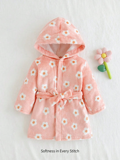 Roupão de Quimono Aberto na Frente com Capuz, Cinto e Estampa Floral Miúda para Meninas, Roupas de Inverno