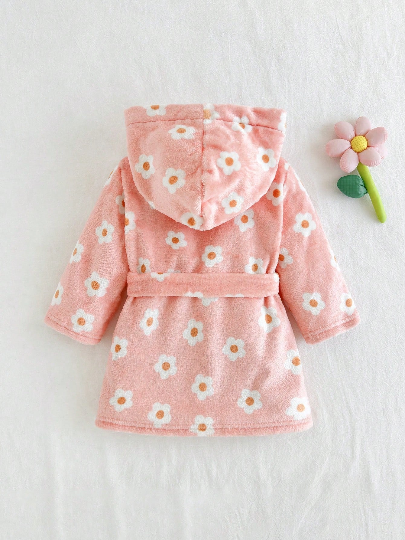 Roupão de Quimono Aberto na Frente com Capuz, Cinto e Estampa Floral Miúda para Meninas, Roupas de Inverno