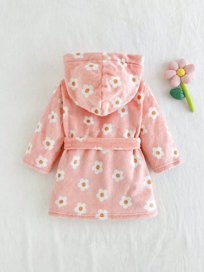 Roupão de Quimono Aberto na Frente com Capuz, Cinto e Estampa Floral Miúda para Meninas, Roupas de Inverno