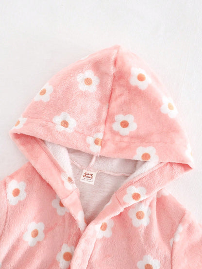 Roupão de Quimono Aberto na Frente com Capuz, Cinto e Estampa Floral Miúda para Meninas, Roupas de Inverno