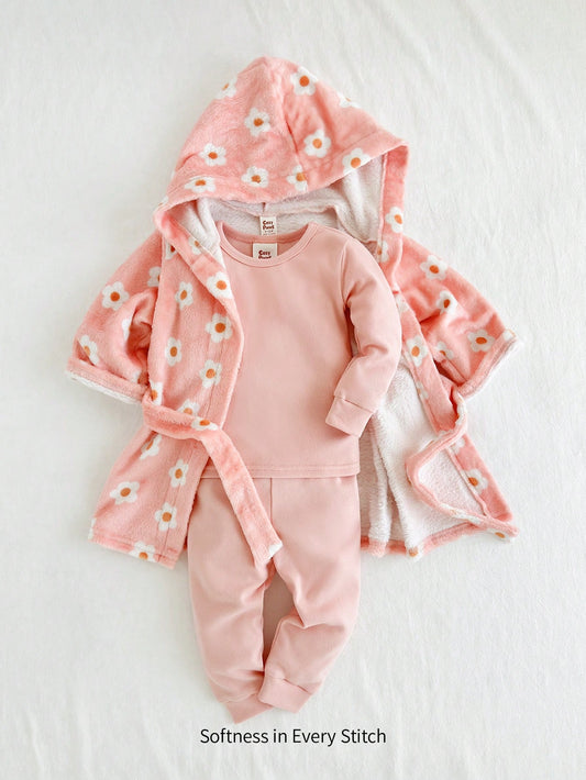 Roupão de Quimono Aberto na Frente com Capuz, Cinto e Estampa Floral Miúda para Meninas, Roupas de Inverno