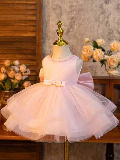 Vestido Camadas de Tule com Laço para Meninas, Vestido de Gala Formal, Adequado para Meninas em Natal