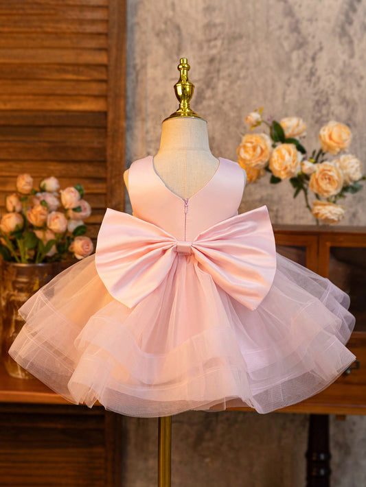 Vestido Camadas de Tule com Laço para Meninas, Vestido de Gala Formal, Adequado para Meninas em Natal