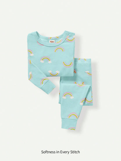 2 peças Conjunto de Pijama Justo para Meninas Bebê com Estampa Gráfica Arco-Íris - Top de Manga Longa e Calça