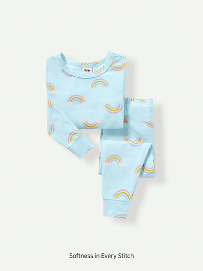 2 peças Conjunto de Pijama Justo para Meninas Bebê com Estampa Gráfica Arco-Íris - Top de Manga Longa e Calça