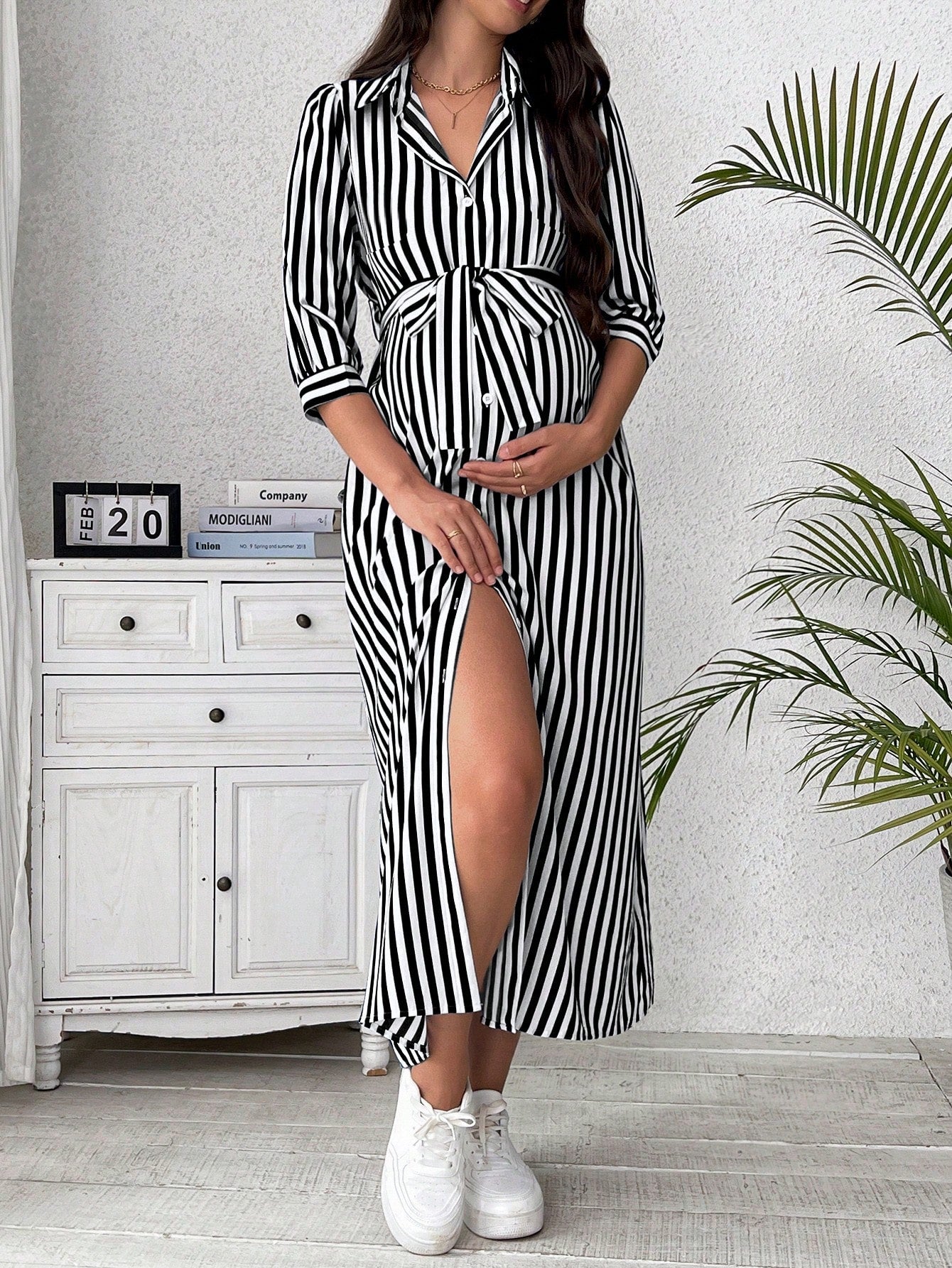 Vestido-Camisa com Mangas Longas e Estampa Listrada