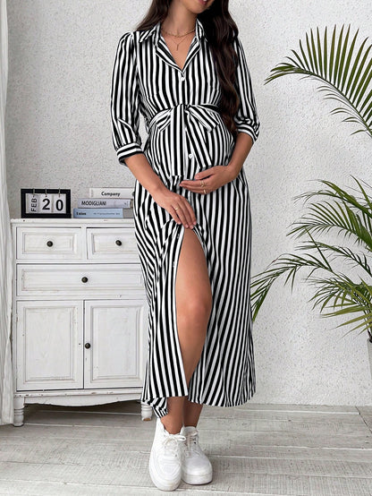 Vestido-Camisa com Mangas Longas e Estampa Listrada
