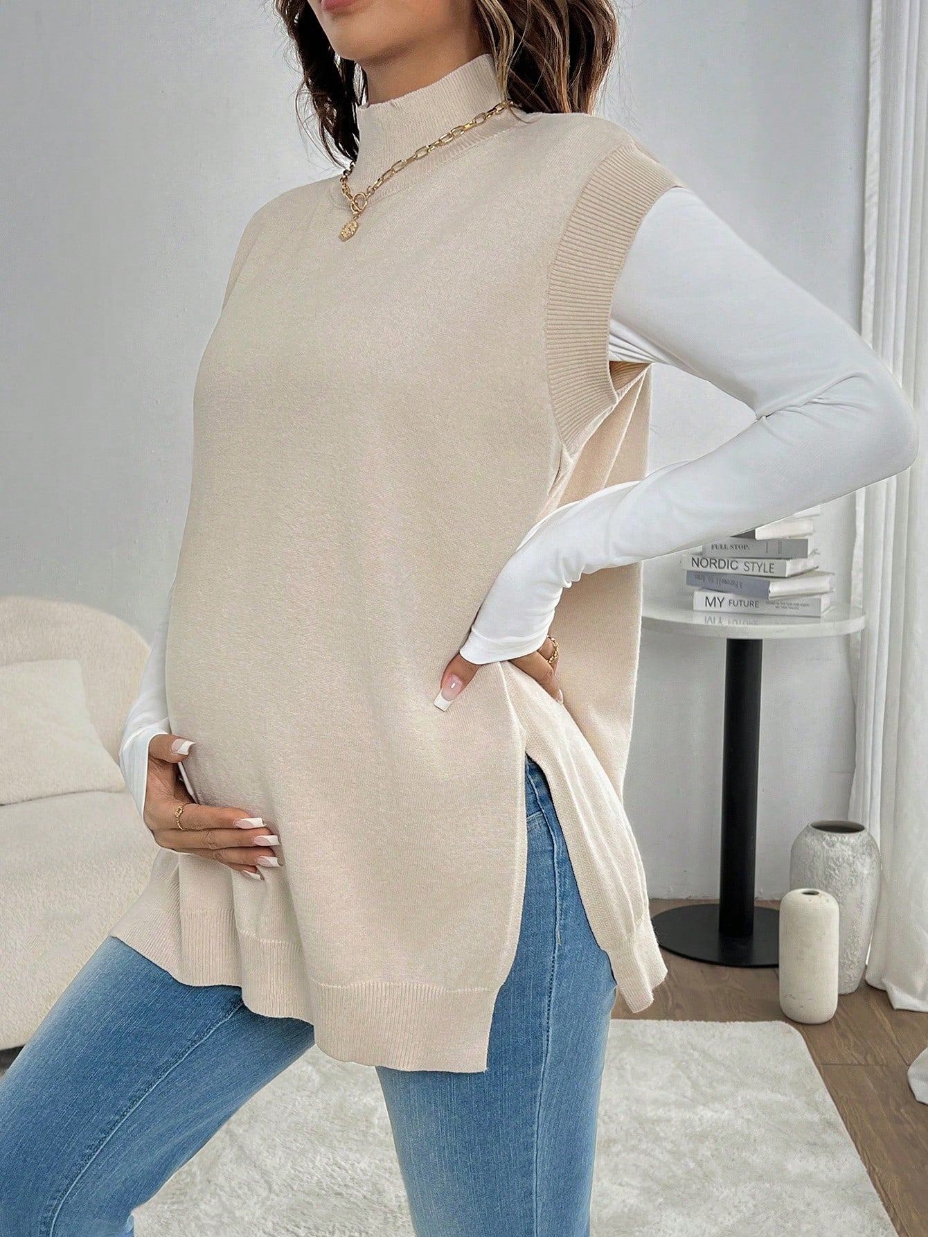 Suéter casual para gestante, design simples, manga morcego e fenda