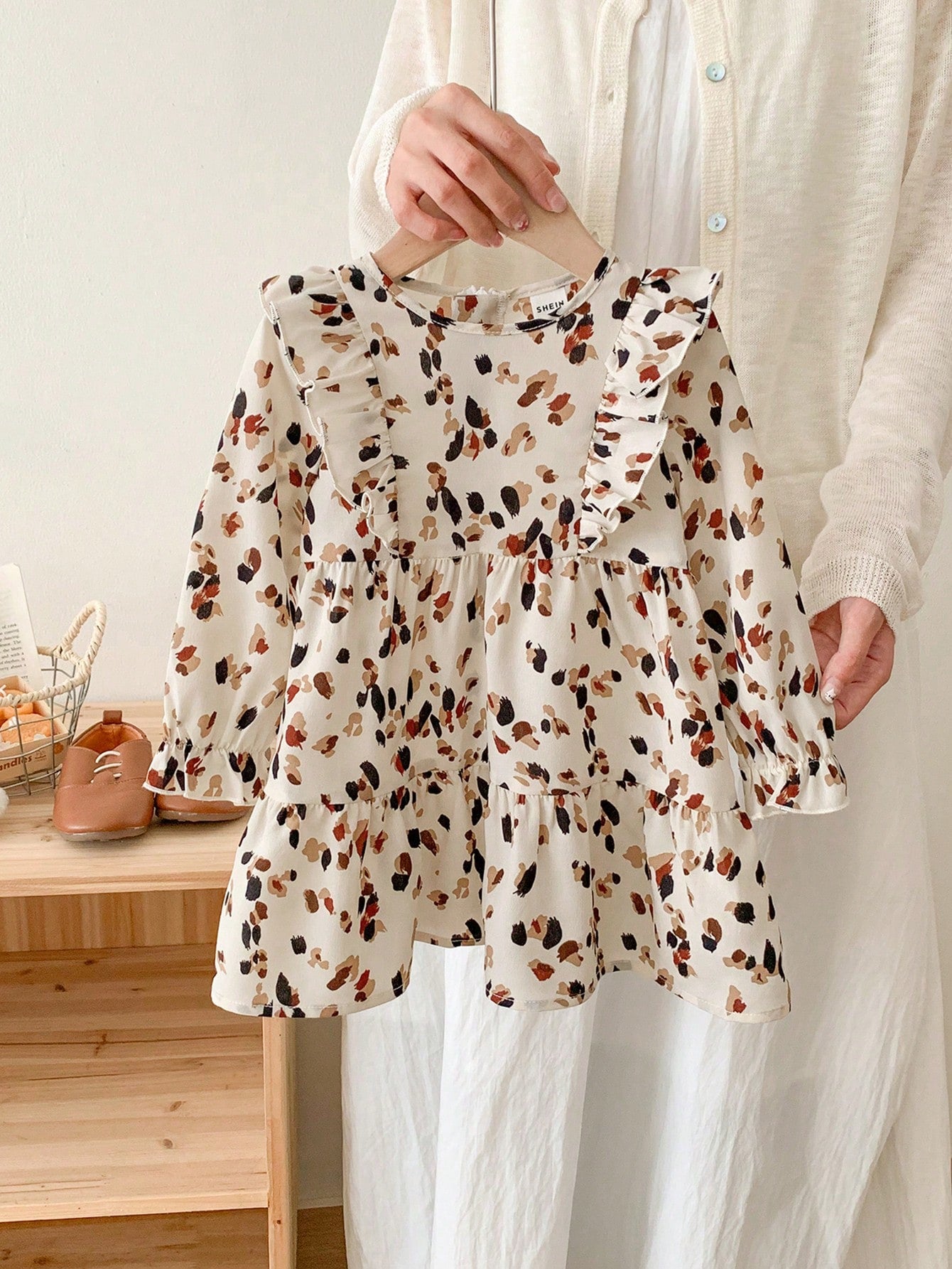 Vestido Longo com Manga Sino e Babado com Estampa de Bolinhas para Meninas Bebê, Elegante e Fofo, Ótimo para Uso Casual, Diário e Escolar no Outono e Inverno, para o Natal, Roupas de Inverno para Meninas