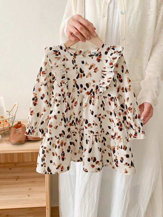 Vestido Longo com Manga Sino e Babado com Estampa de Bolinhas para Meninas Bebê, Elegante e Fofo, Ótimo para Uso Casual, Diário e Escolar no Outono e Inverno, para o Natal, Roupas de Inverno para Meninas