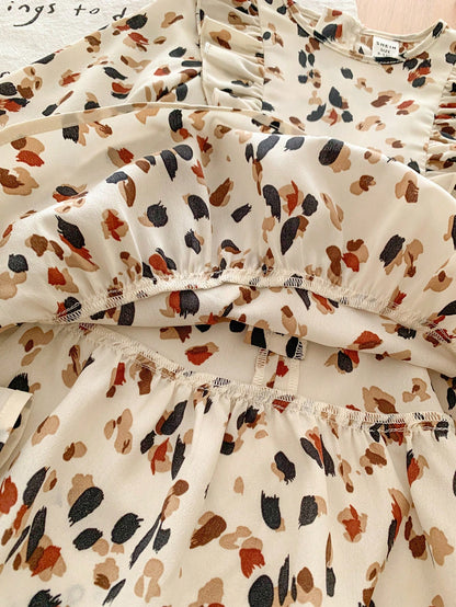 Vestido Longo com Manga Sino e Babado com Estampa de Bolinhas para Meninas Bebê, Elegante e Fofo, Ótimo para Uso Casual, Diário e Escolar no Outono e Inverno, para o Natal, Roupas de Inverno para Meninas