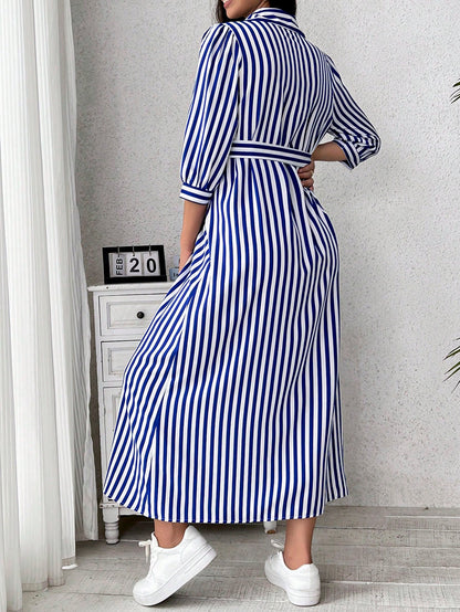 Vestido-Camisa com Mangas Longas e Estampa Listrada