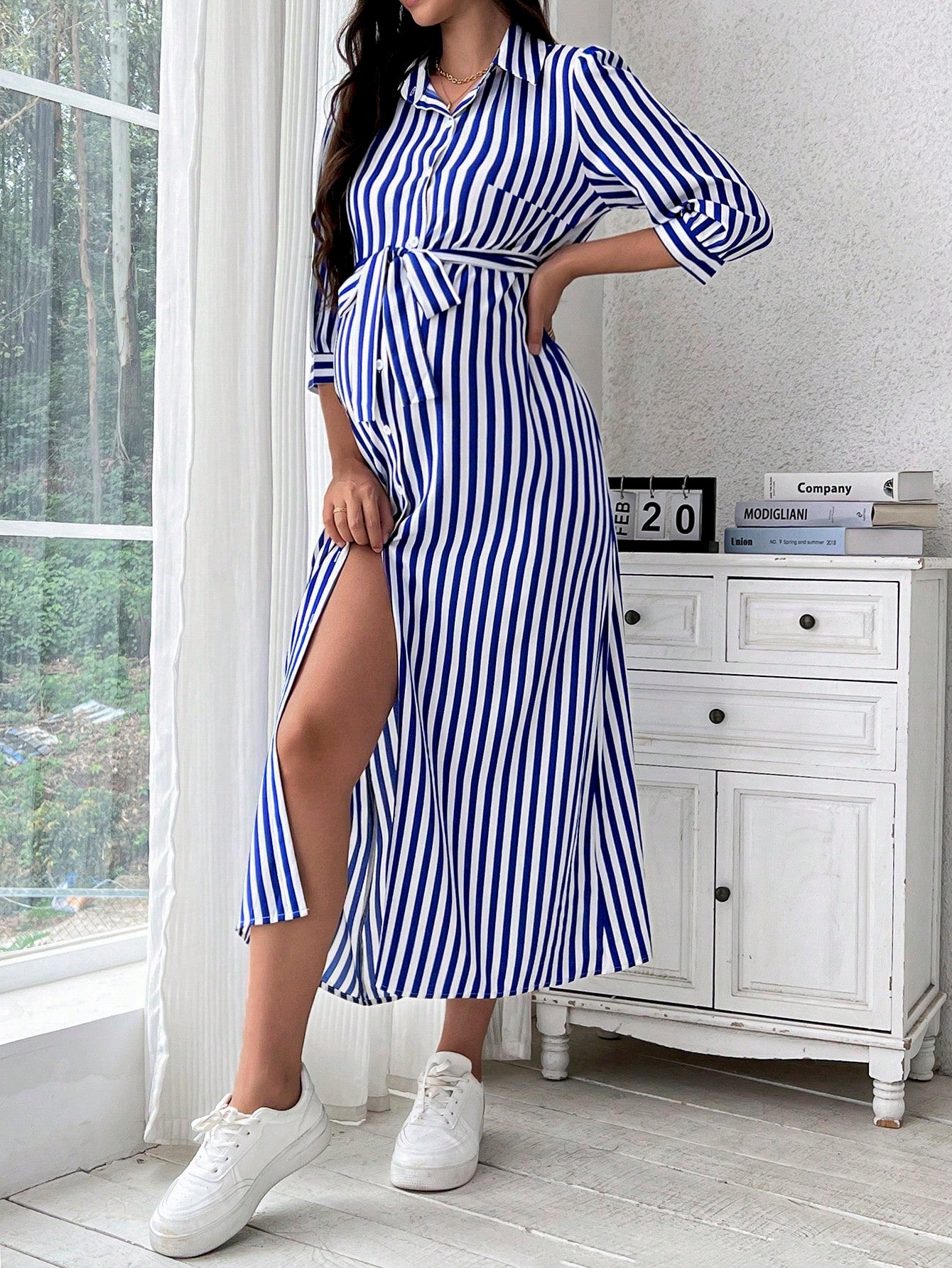 Vestido-Camisa com Mangas Longas e Estampa Listrada