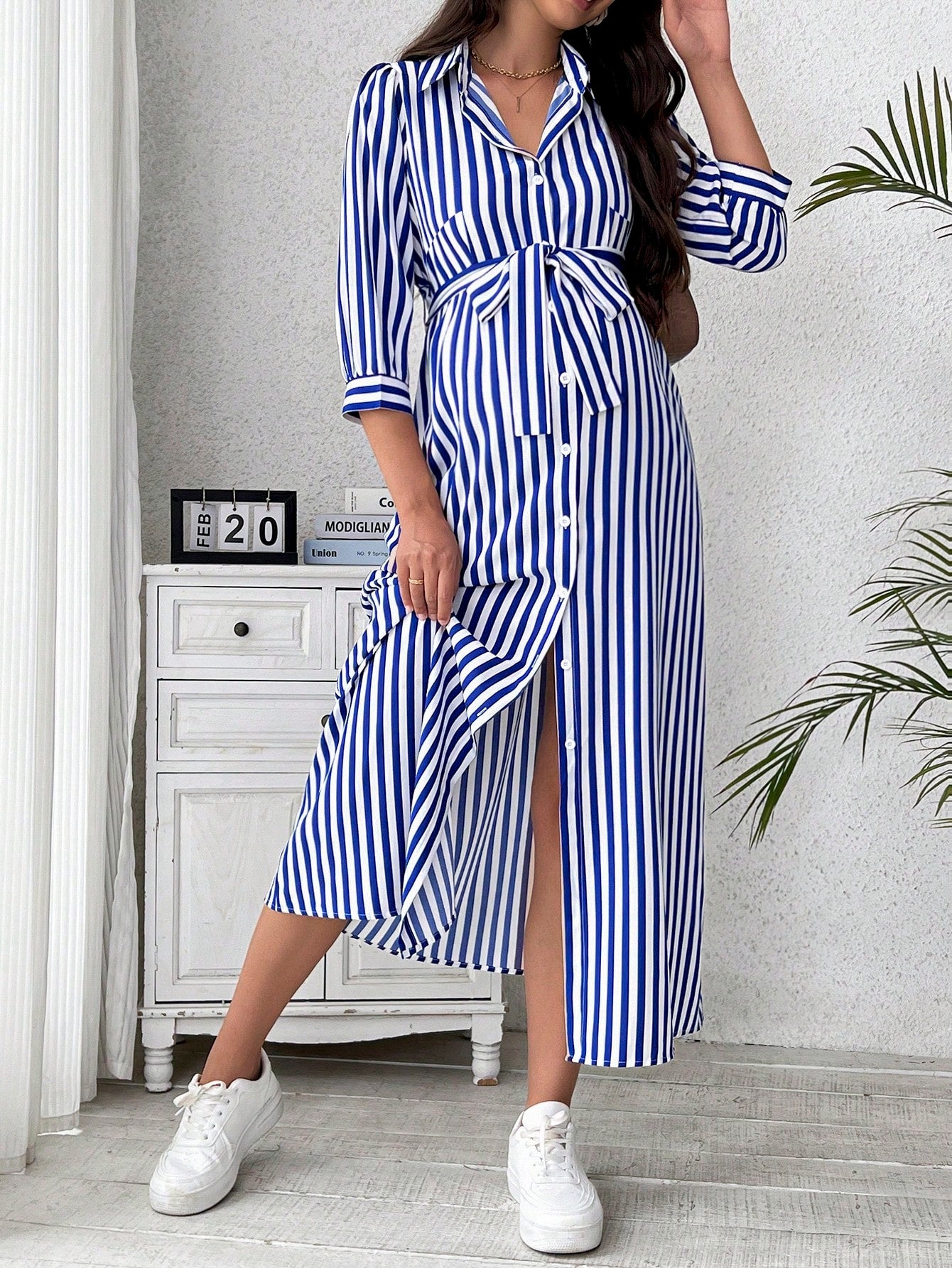 Vestido-Camisa com Mangas Longas e Estampa Listrada