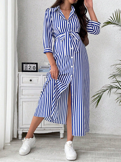 Vestido-Camisa com Mangas Longas e Estampa Listrada