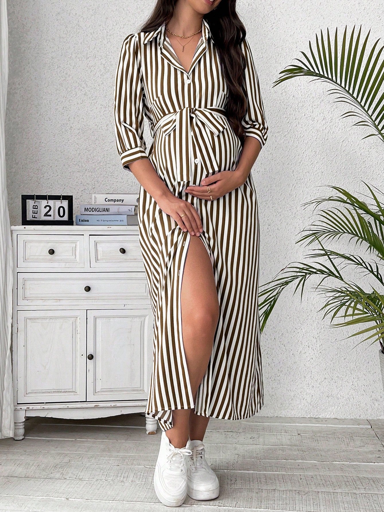 Vestido-Camisa com Mangas Longas e Estampa Listrada
