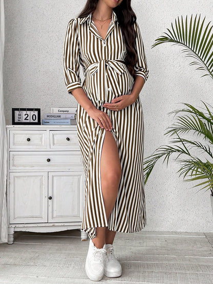 Vestido-Camisa com Mangas Longas e Estampa Listrada