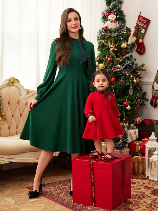 Vestidos de Inverno Combinando Mãe e Filha - Vestido de Retalhos Xadrez de Manga Longa, Conjunto de Família Vintage de Natal