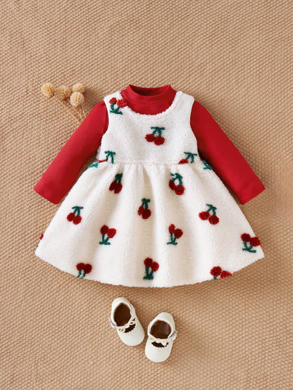 2 peças/conjunto Vestido de Gola Alta de Manga Longa com Camiseta Grossa de Fleece Adorável com Flor de Cerejeira para Meninas Bebê, Conjunto Casual e Quente, Adequado para Passeio, Natal e Ano Novo
