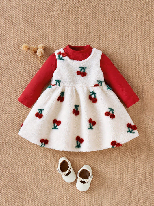 2 peças/conjunto Vestido de Gola Alta de Manga Longa com Camiseta Grossa de Fleece Adorável com Flor de Cerejeira para Meninas Bebê, Conjunto Casual e Quente, Adequado para Passeio, Natal e Ano Novo