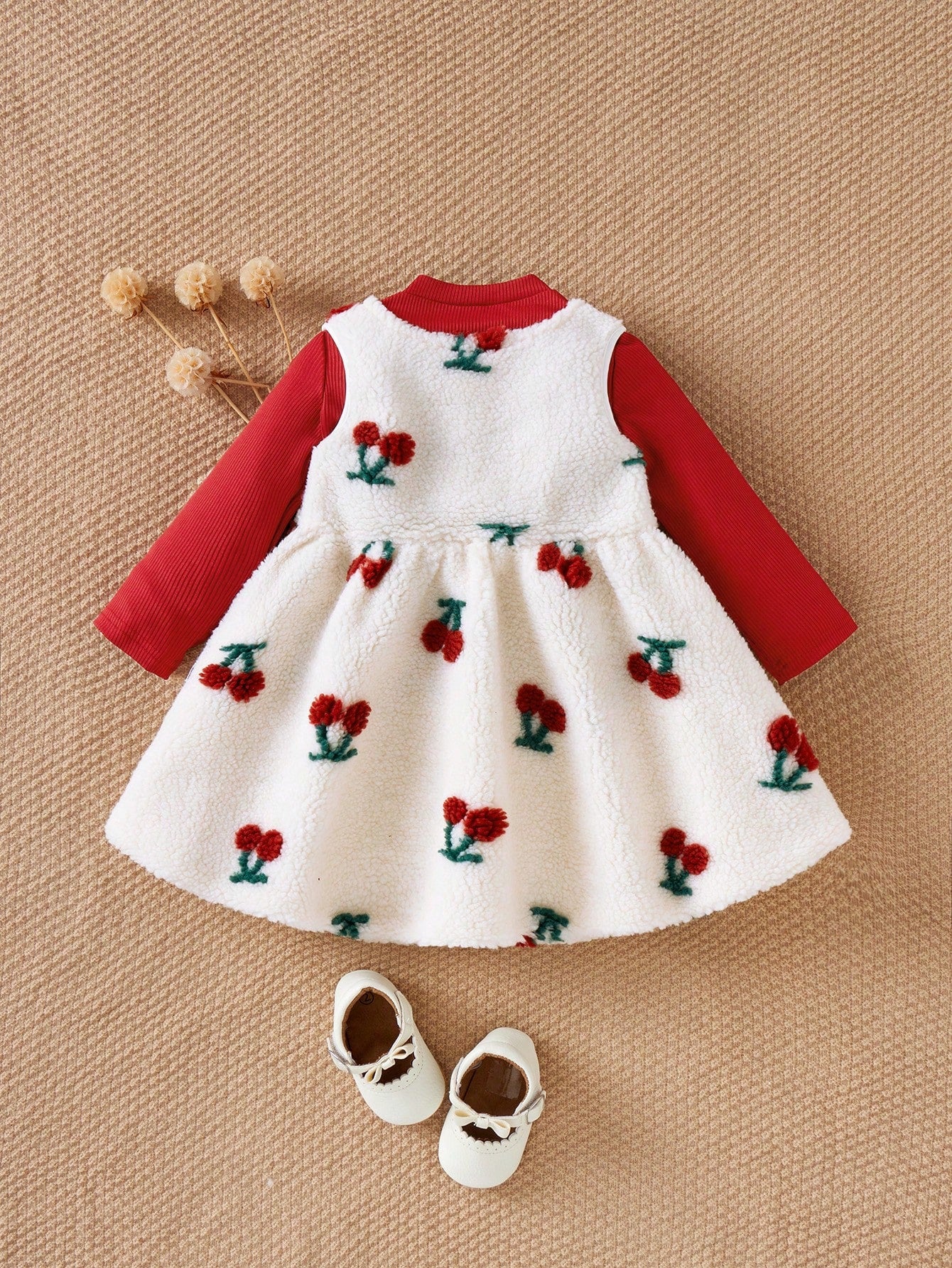 2 peças/conjunto Vestido de Gola Alta de Manga Longa com Camiseta Grossa de Fleece Adorável com Flor de Cerejeira para Meninas Bebê, Conjunto Casual e Quente, Adequado para Passeio, Natal e Ano Novo