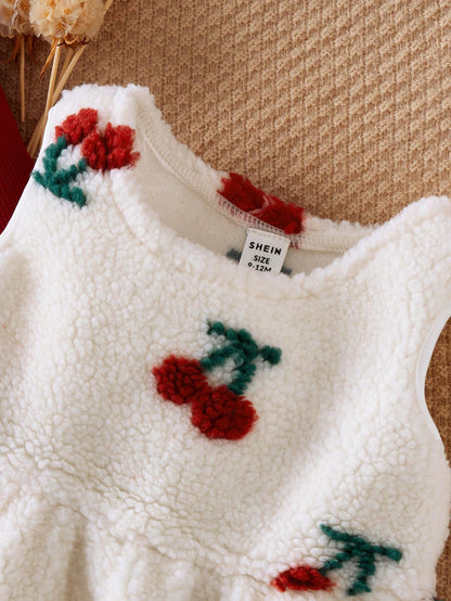2 peças/conjunto Vestido de Gola Alta de Manga Longa com Camiseta Grossa de Fleece Adorável com Flor de Cerejeira para Meninas Bebê, Conjunto Casual e Quente, Adequado para Passeio, Natal e Ano Novo