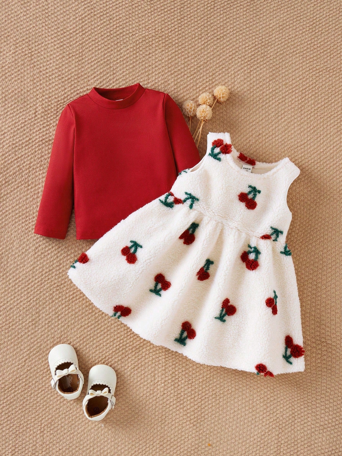2 peças/conjunto Vestido de Gola Alta de Manga Longa com Camiseta Grossa de Fleece Adorável com Flor de Cerejeira para Meninas Bebê, Conjunto Casual e Quente, Adequado para Passeio, Natal e Ano Novo