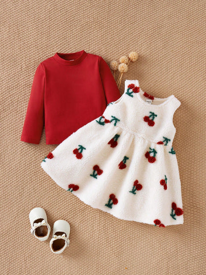 2 peças/conjunto Vestido de Gola Alta de Manga Longa com Camiseta Grossa de Fleece Adorável com Flor de Cerejeira para Meninas Bebê, Conjunto Casual e Quente, Adequado para Passeio, Natal e Ano Novo