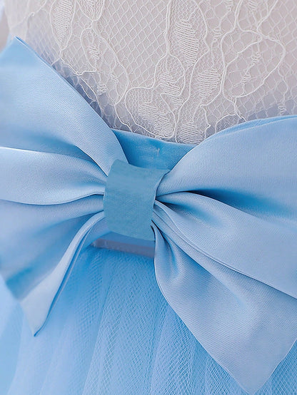Vestido de Daminha de Honra Encantador com Decoração de Laço e Tule nas Costas, Adequado para Casamento, Festa, Evento de Aniversário