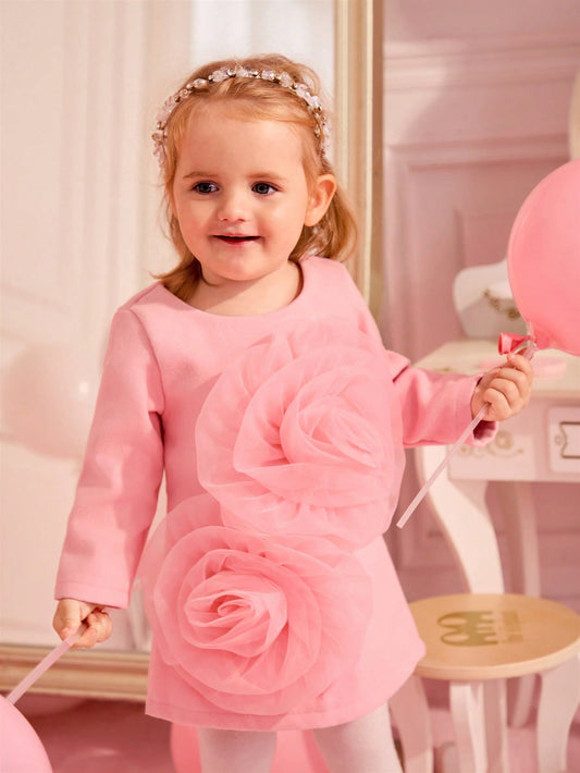 Vestido de Festa com Manga Longa, Decoração de Flor de Tela, para Meninas Bebês, Roupas de Natal, Ano Novo e Aniversário