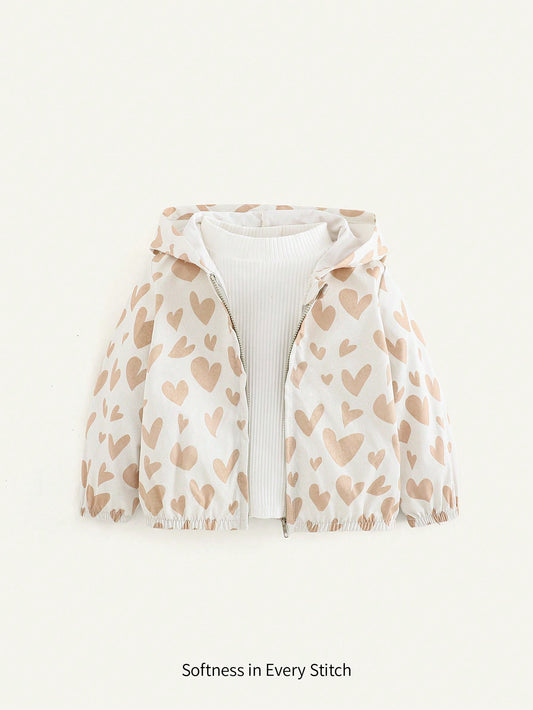 Cardigan com Capuz de Manga Longa Estampado de Coração Versátil e Casual para Meninas Bebê