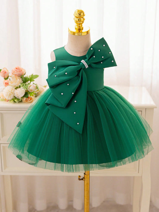 Vestido de Festa de Natal para Meninas Pequenas, Vestido Bufante de Cetim Verde e Tule, Vestido Elegante e de Alta Qualidade sem Manga para Bebês Meninas