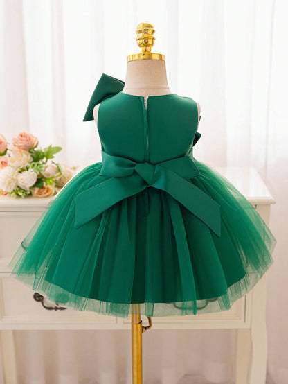 Vestido de Festa de Natal para Meninas Pequenas, Vestido Bufante de Cetim Verde e Tule, Vestido Elegante e de Alta Qualidade sem Manga para Bebês Meninas