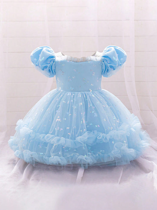 Vestido de Dama de Honra Elegante de Baile com Manga Bufante de Tela e Cetim na Cor Champanhe para Meninas, Ideal para Festa de Aniversário