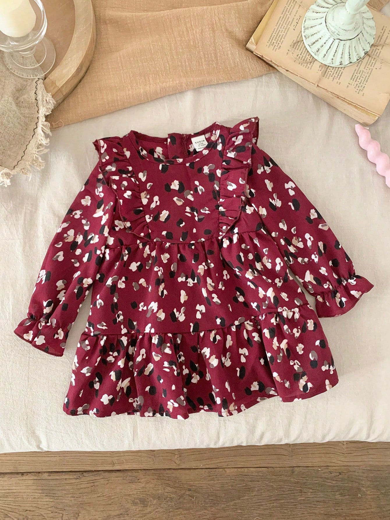 Vestido Longo com Manga Sino e Babado com Estampa de Bolinhas para Meninas Bebê, Elegante e Fofo, Ótimo para Uso Casual, Diário e Escolar no Outono e Inverno, para o Natal, Roupas de Inverno para Meninas