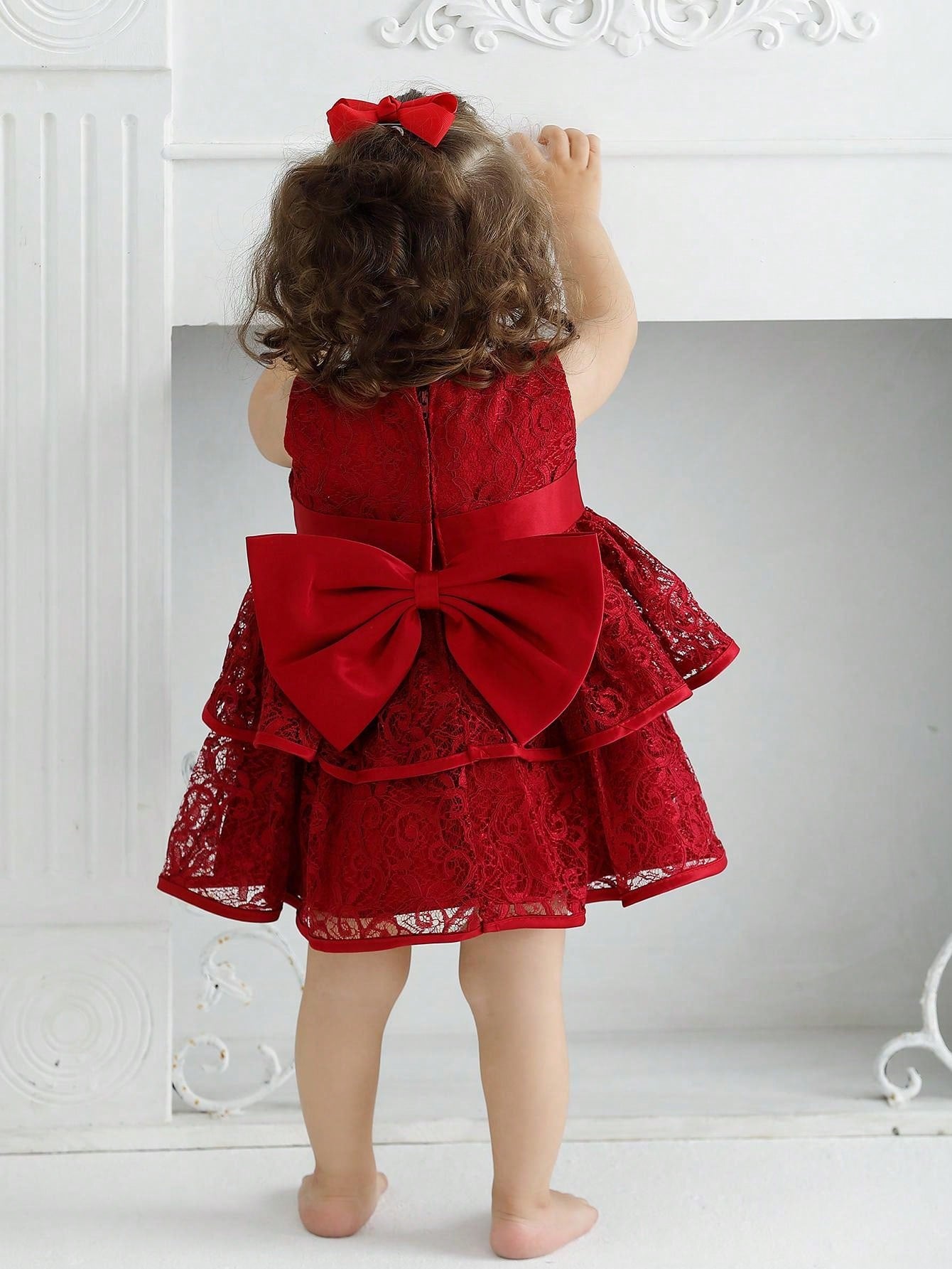 Vestido Vermelho Vinho de Natal para Bebê Menina com Laço e Renda, Festa de 1º Aniversário