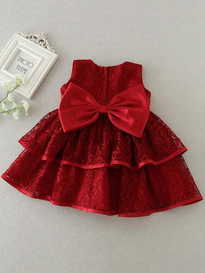 Vestido Vermelho Vinho de Natal para Bebê Menina com Laço e Renda, Festa de 1º Aniversário