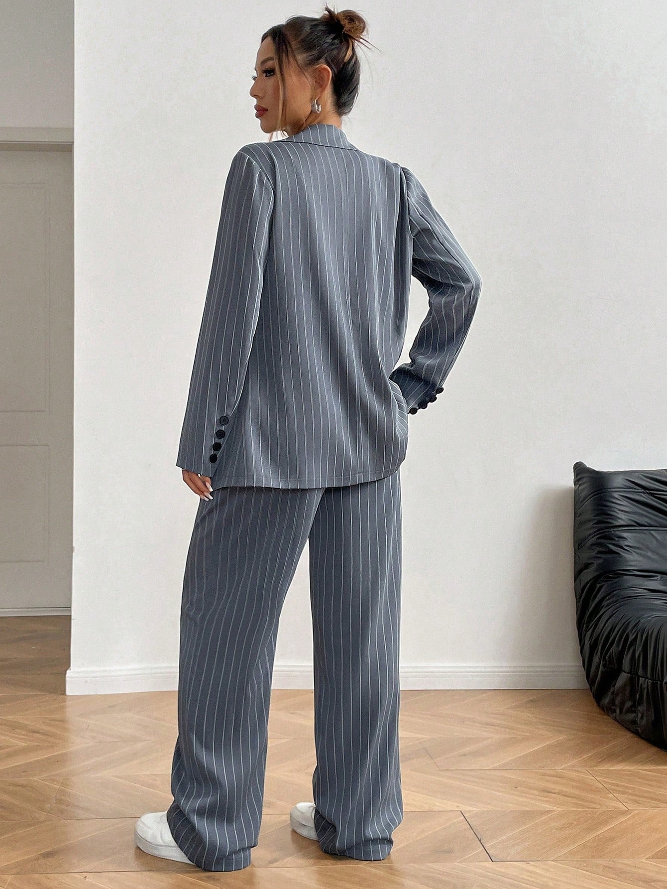 Conjunto Terno da Moda com Calça Listrada Cinza, Nova Coleção Primavera & Outono