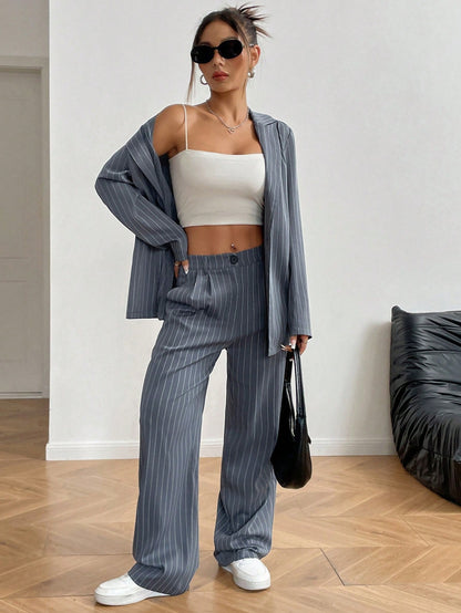 Conjunto Terno da Moda com Calça Listrada Cinza, Nova Coleção Primavera & Outono