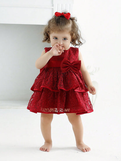 Vestido Vermelho Vinho de Natal para Bebê Menina com Laço e Renda, Festa de 1º Aniversário