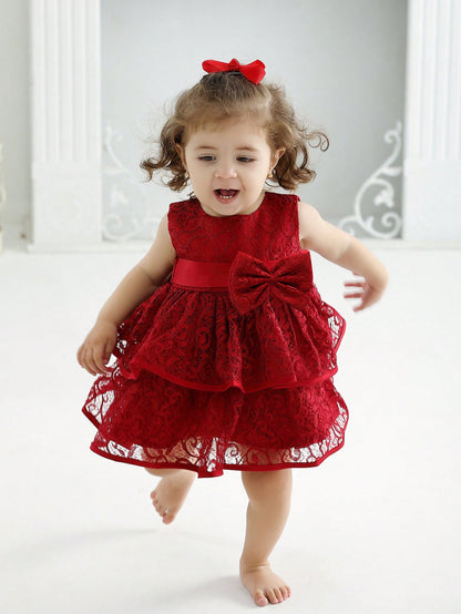Vestido Vermelho Vinho de Natal para Bebê Menina com Laço e Renda, Festa de 1º Aniversário