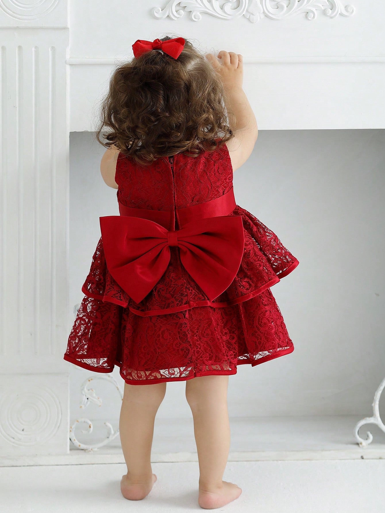 Vestido Vermelho Vinho de Natal para Bebê Menina com Laço e Renda, Festa de 1º Aniversário