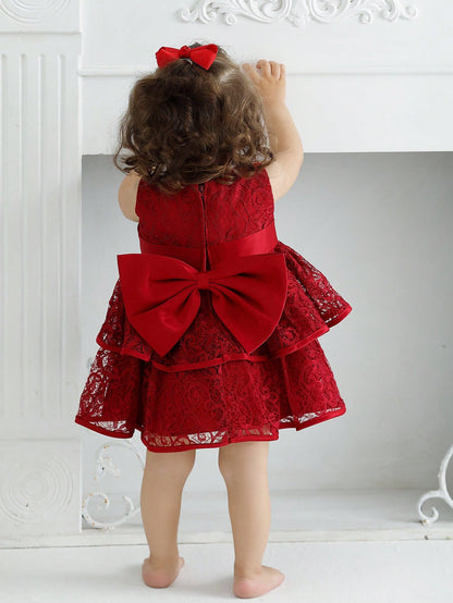 Vestido Vermelho Vinho de Natal para Bebê Menina com Laço e Renda, Festa de 1º Aniversário