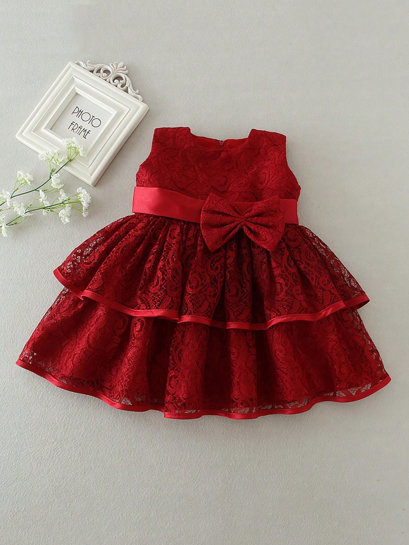 Vestido Vermelho Vinho de Natal para Bebê Menina com Laço e Renda, Festa de 1º Aniversário