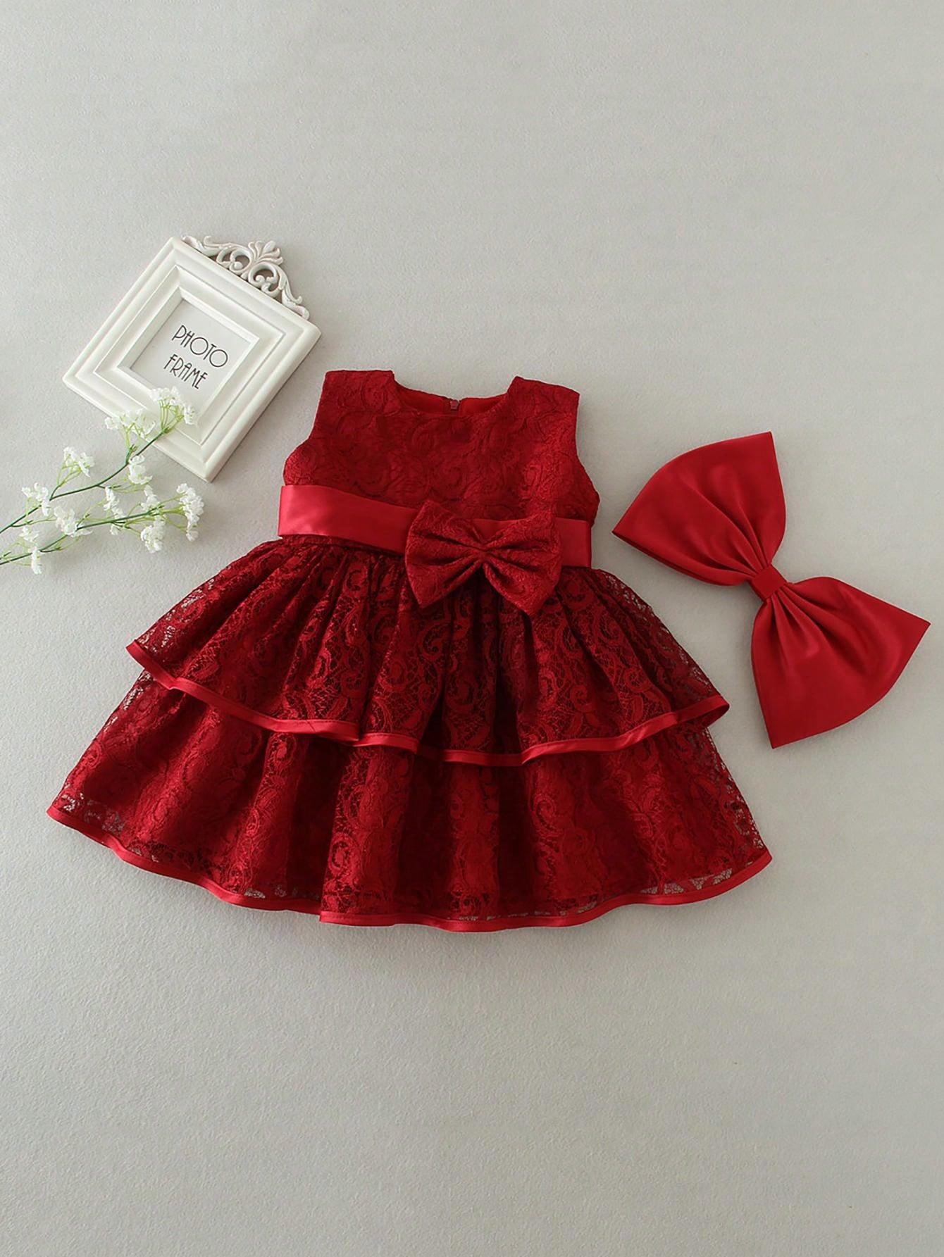 Vestido Vermelho Vinho de Natal para Bebê Menina com Laço e Renda, Festa de 1º Aniversário