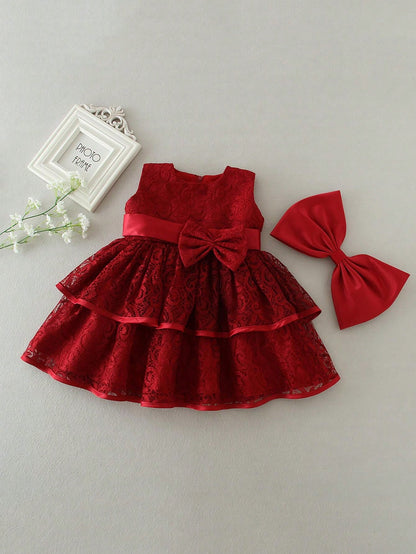Vestido Vermelho Vinho de Natal para Bebê Menina com Laço e Renda, Festa de 1º Aniversário