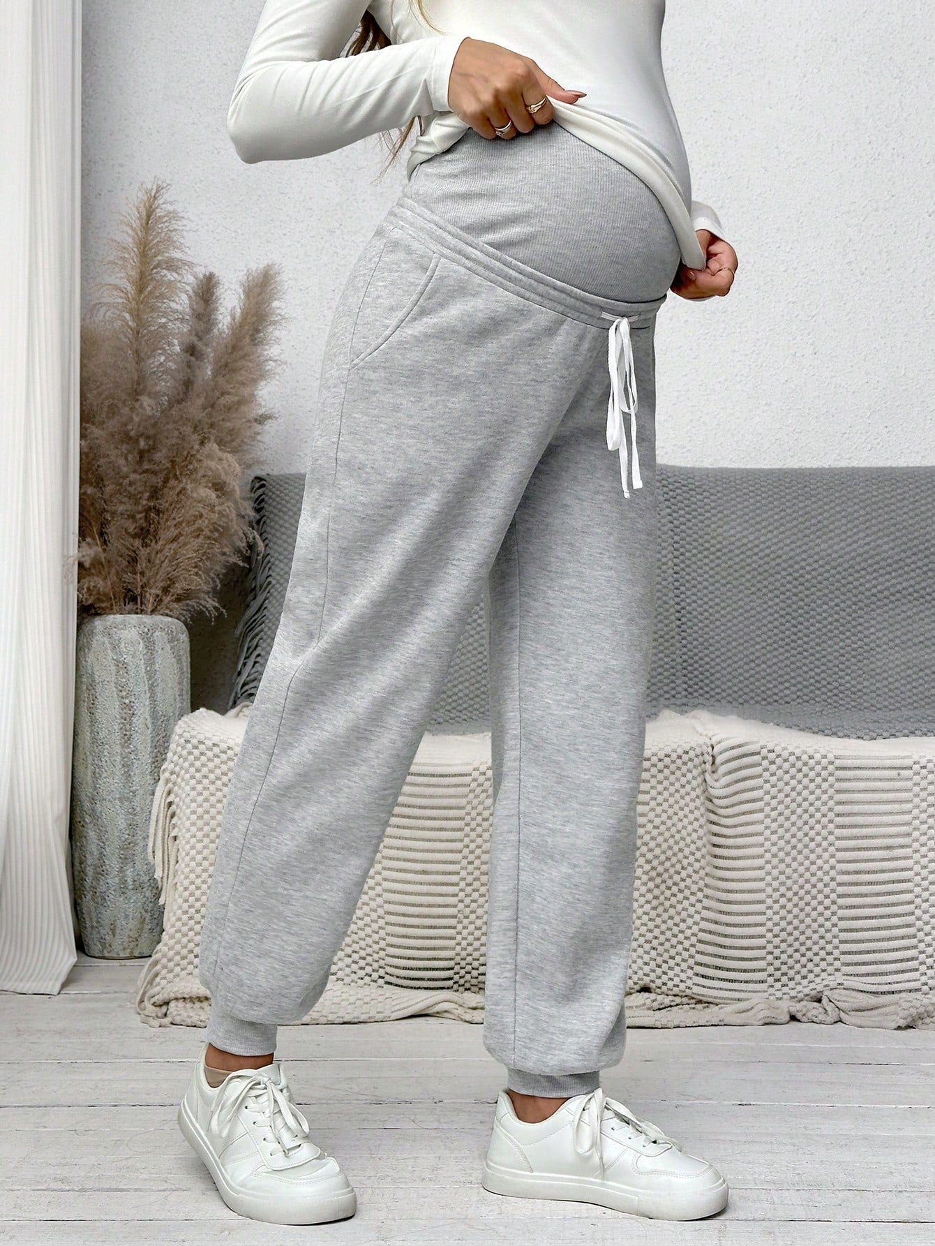Calça com Cordão e Laço Ajustável na Cintura, Vestuário de Maternidade para o Outono