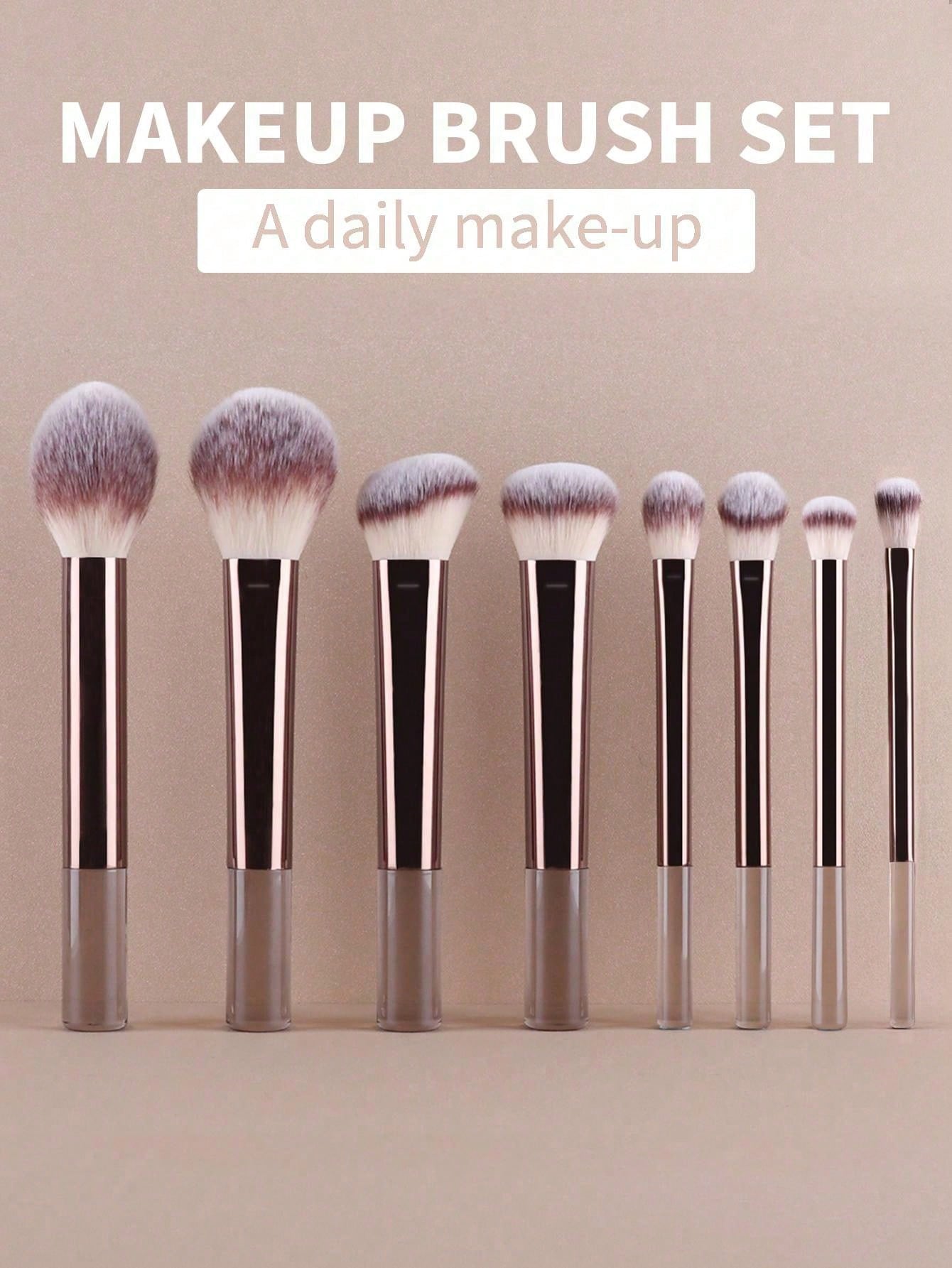 Conjunto de Pincéis de Maquiagem Multifuncionais com 8 peças, incluindo Puff, Pó, Blush, Base, Sombra, Esfumar e Contorno