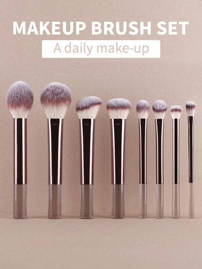 Conjunto de Pincéis de Maquiagem Multifuncionais com 8 peças, incluindo Puff, Pó, Blush, Base, Sombra, Esfumar e Contorno